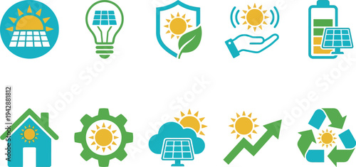 Conceptual solar energy icons with sun panel lightbulb shield battery in clean cyan grass green golden yellow for renewable power branding design