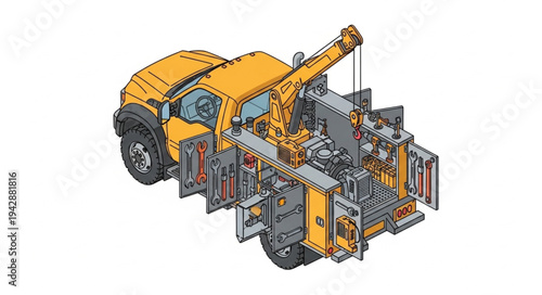 Illustration of a yellow service truck with a crane and storage compartments, depicted from an isometric perspective.