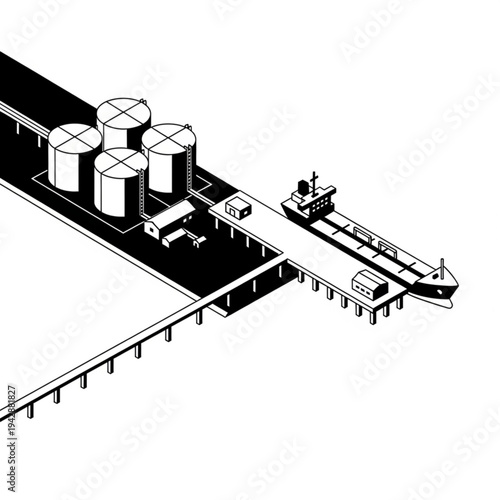 Industrial port with oil tanker docked at a pier next to storage tanks, isometric view.