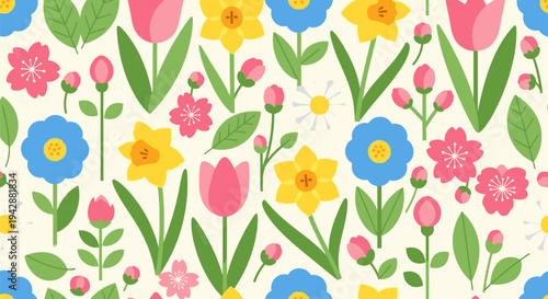 Vibrant floral pattern featuring tulips, flowers, and leaves on a cream background