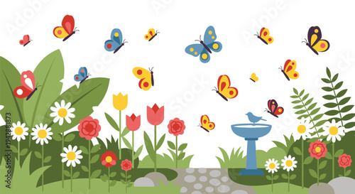 Butterflies flutter around a serene garden fountain surrounded by vibrant flowers and lush greenery on a sunny day.