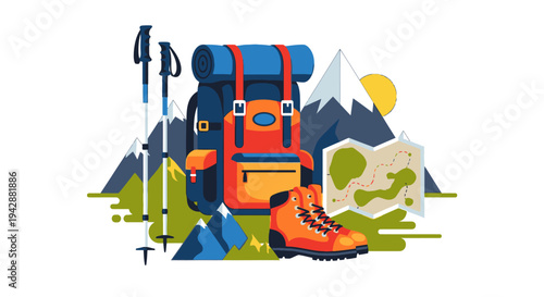 Hikers prepare for adventure with backpack gear on mountain trail at sunrise