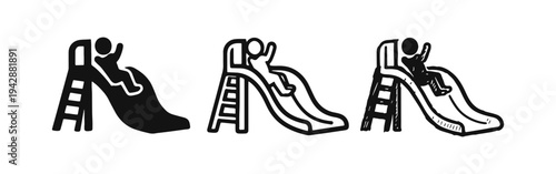 Child on a Slide Icon Set: Solid, Outline, and Hand-Drawn Styles for Playground Fun and Childhood Activities