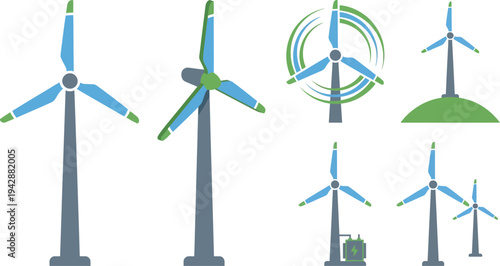 Modern onshore wind turbines with three blade rotor transformer in slate gray sky blue leaf green for professional renewable energy branding design