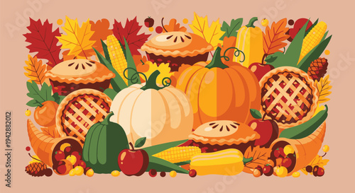 Harvest celebration with pumpkins pies corn and squash on display