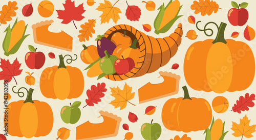 A vibrant Thanksgiving harvest scene with pumpkins, cornucopia, and autumn leaves on a table indoors.