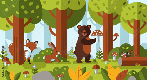 A bear holds a mushroom in forest with trees and animals scattered around