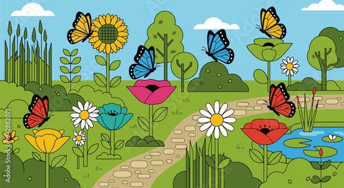 Vibrant butterflies flutter around colorful flowers and a serene pond along a winding path in a lush garden landscape.