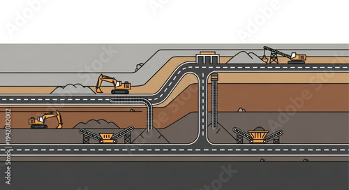 Construction site with excavators and cranes building a road and tunnel system.