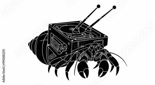 Hermit crab with a hard drive and antennae for a shell, symbolizing technology and nature fusion
