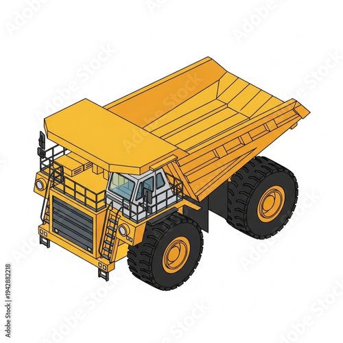 Isometric illustration of a large yellow mining dump truck on a white background.