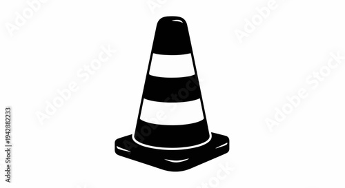 Black and white traffic cone with reflective stripes used for safety and guidance.