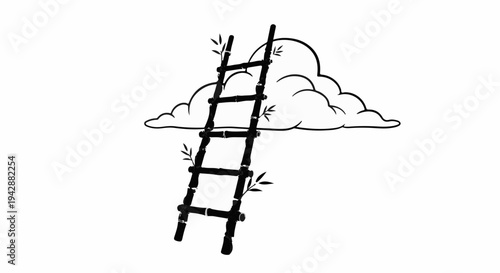 Bamboo ladder reaching towards a fluffy cloud against a white background