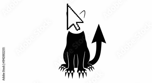Mysterious black cat with cursor head and devil tail, symbolizing digital mischief or online danger.