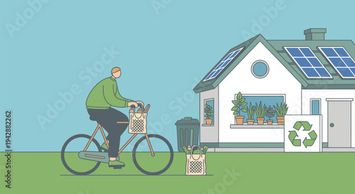 Man rides bicycle past eco-friendly house with solar panels and garden