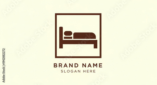 Simple and clean hotel bed icon with text space for brand name and slogan.