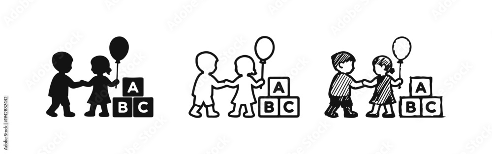 Obraz Kids with ABC Blocks and Balloon Icon Set: Solid, Outline, and Hand-Drawn Styles for Early Education