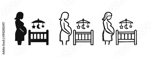 Pregnant Woman and Baby Crib Icon Set: Solid, Outline, and Hand-Drawn Styles for Maternity and Nursery