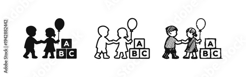 Kids with ABC Blocks and Balloon Icon Set: Solid, Outline, and Hand-Drawn Styles for Early Education