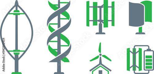 Innovative vertical axis wind turbine VAWT designs with Darrieus helical H rotor in steel gray bright green white for modern renewable energy branding design