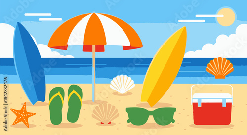 A sunny beach scene with a surfboard, umbrella, and cooler on the sand by the ocean.