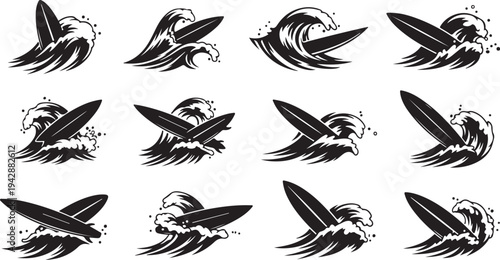 Surfing icons set with various wave and surfboard designs