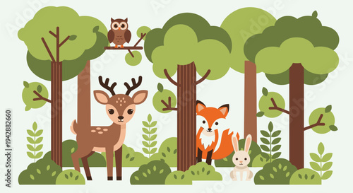 A serene forest scene with a deer, fox, owl, and rabbit among trees and foliage.