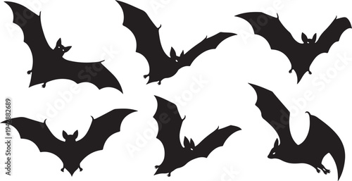 Seven black bats flying in different directions silhouette illustration