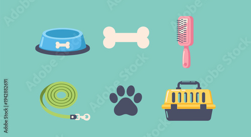 A colorful illustration of pet accessories and food laid out on a table indoors