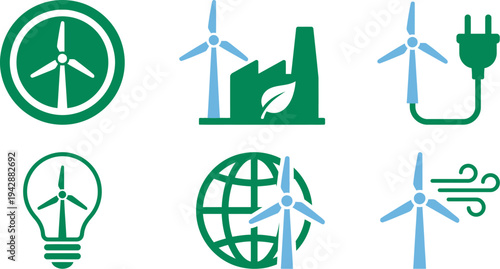 Conceptual wind energy sustainability icons with turbine eco badge factory plug in emerald green light blue crisp white for clean power branding design