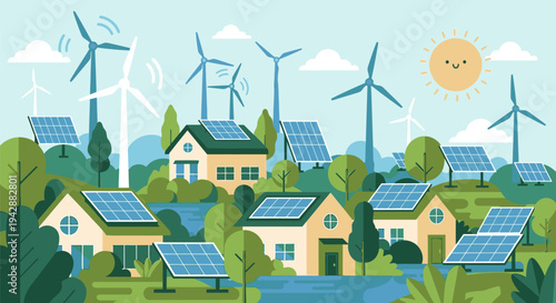 Renewable energy systems power eco-friendly suburban neighborhood with solar panels and wind turbines on a sunny day with lush greenery