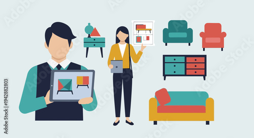 Two professionals showcasing modern furniture designs with digital devices in a stylized setting