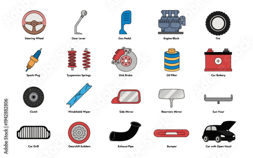 Car Parts Icons: A visually informative collection of car parts icons, each meticulously designed to represent the essential components of a vehicle.