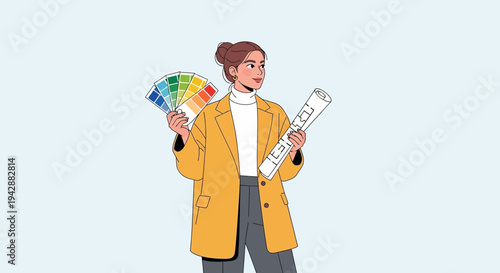 Creative interior designer holding color swatches and architectural blueprint