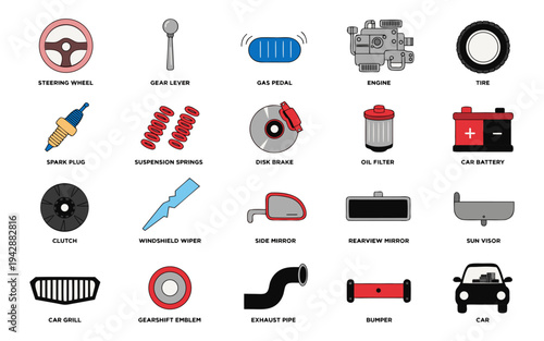 Car Components Illustration: A visually informative illustration showcases essential car components, providing a clear and concise guide to automotive parts.