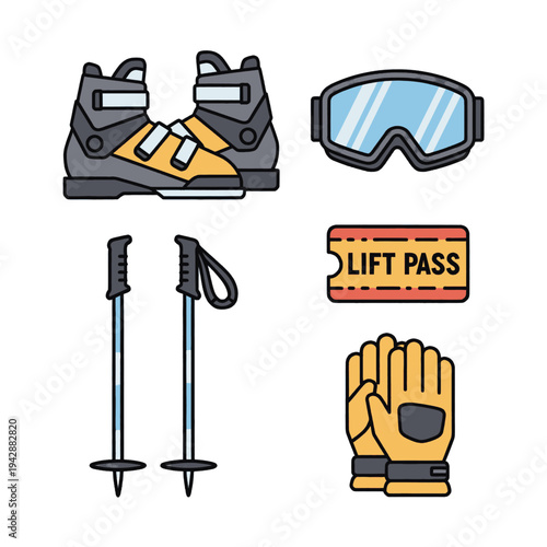 Skiing Equipment Boots Goggles Poles Gloves Pass.