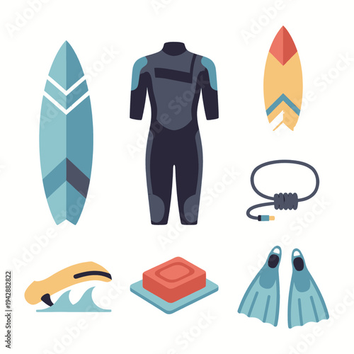 Snorkeling Gear and Surfing Equipment Set.
