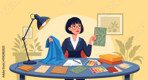 Professional textile designer examining fabric samples and color palettes at her desk
