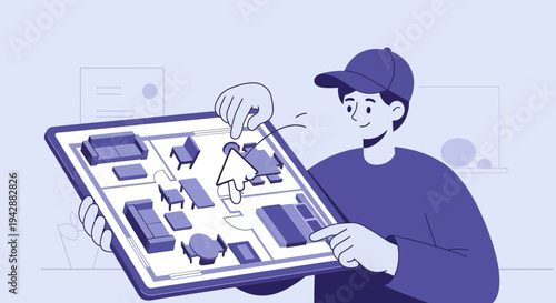 Man using digital tablet to design home interior blueprint with furniture layout