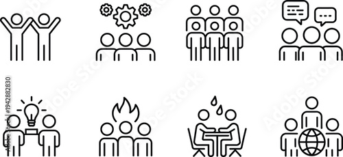Business teamwork and corporate community vector icon set for professional leadership, collaboration, and global networking