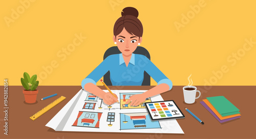 Woman designer focused on creating an interior layout blueprint on a table with a tablet and coffee