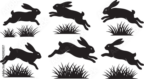 Silhouettes of rabbits jumping over grass in various poses