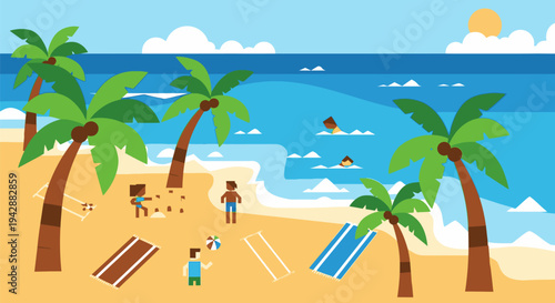 People relax on a sunny beach with palm trees and ocean waves.