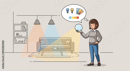 Woman contemplating interior design with lighting and color choices, holding a light bulb.