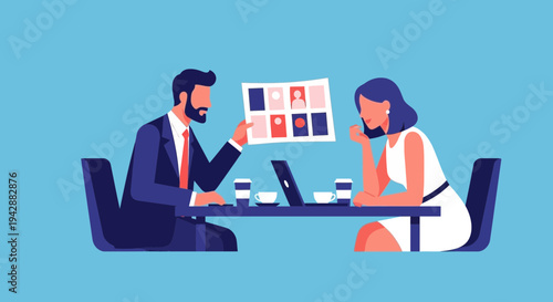Man reviewing candidate profiles with a woman during a job interview meeting