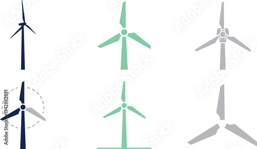 Minimalist wind turbine silhouettes with slender high tech nacelle rotor in dark navy blue light gray mint green for modern renewable energy branding design