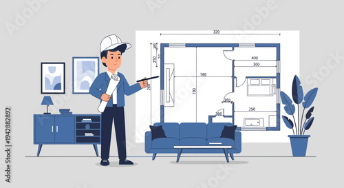 Architect holding blueprint and pointing to house floor plan with measurements