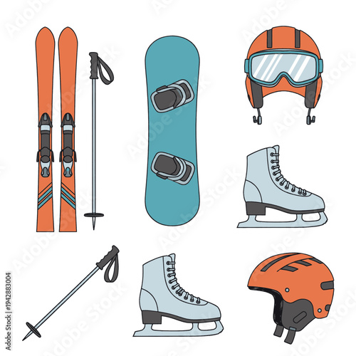 Winter Sports Equipment Skis Ice Skates Helmets.