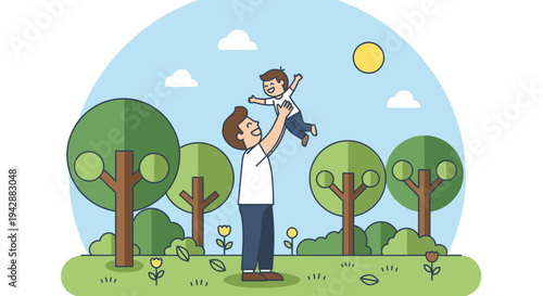 Father plays with son in green park under sunny sky outdoors