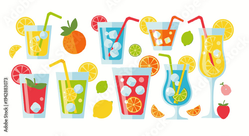 Colorful illustration of various cocktails and fruits on a table